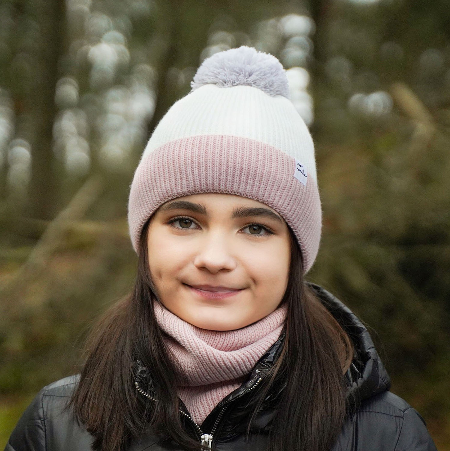 Ensemble d'hiver fille: bonnet et snood, gris, avec pompon, Rosalin