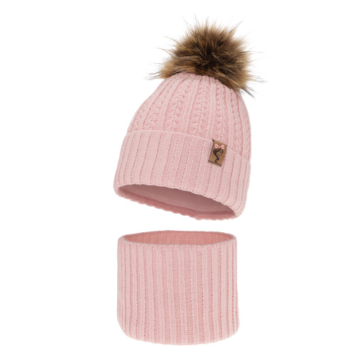 Ensemble d'hiver fille: bonnet et snood, rose, avec pompon, Larina