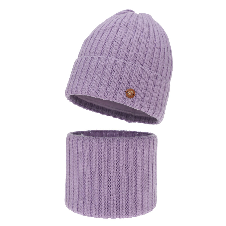 Ensemble d'hiver fille: bonnet et snood, violet, 100% laine mérinos, doublé de coton, Vanira