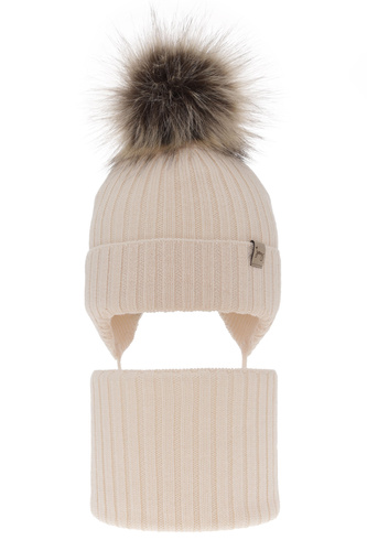 Ensemble d'hiver fille: bonnet et snood, jasnobeżowy, avec liens, avec pompon, 100% laine mérinos, Junika