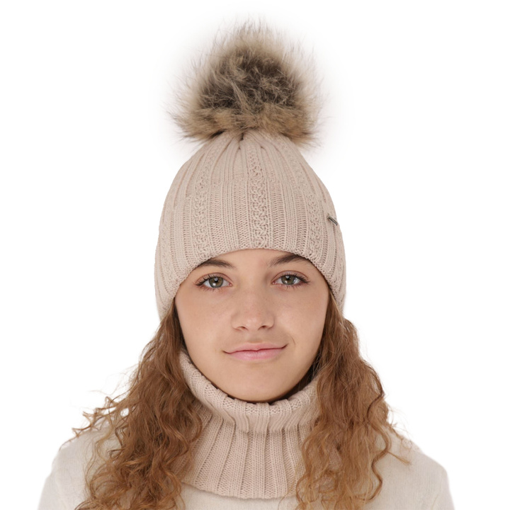 Ensemble d'hiver fille: bonnet et snood, beige, avec pompon, Wirginia