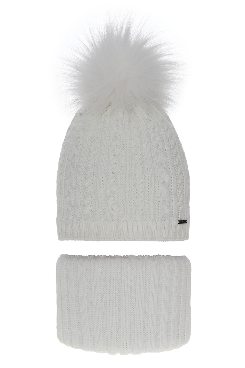 Ensemble d'hiver fille: bonnet et snood, blanc, avec pompon, Rima