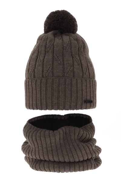 Ensemble d'hiver garçon: bonnet et snood, brun, avec pompon, avec laine mérinos, Talar