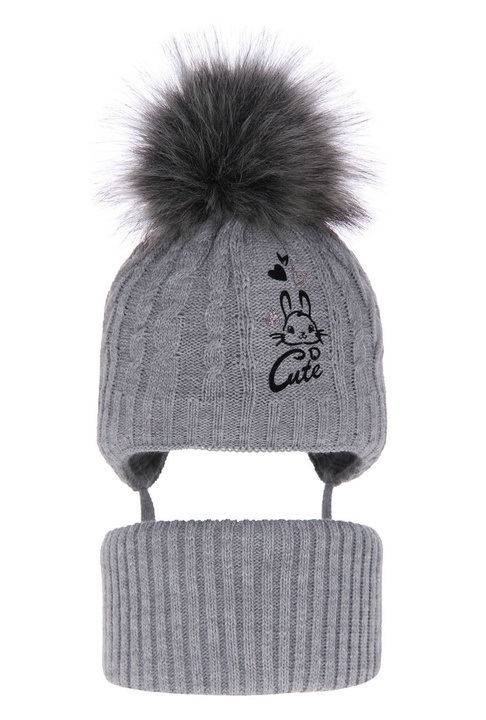 Ensemble d'hiver fille: bonnet et snood, gris, avec pompon, Treccia