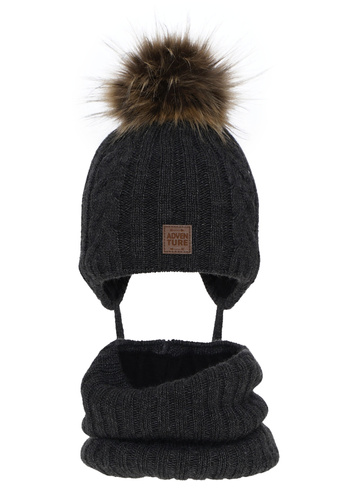 Ensemble d'hiver garçon: bonnet et snood, gris foncé, avec pompon, Casper