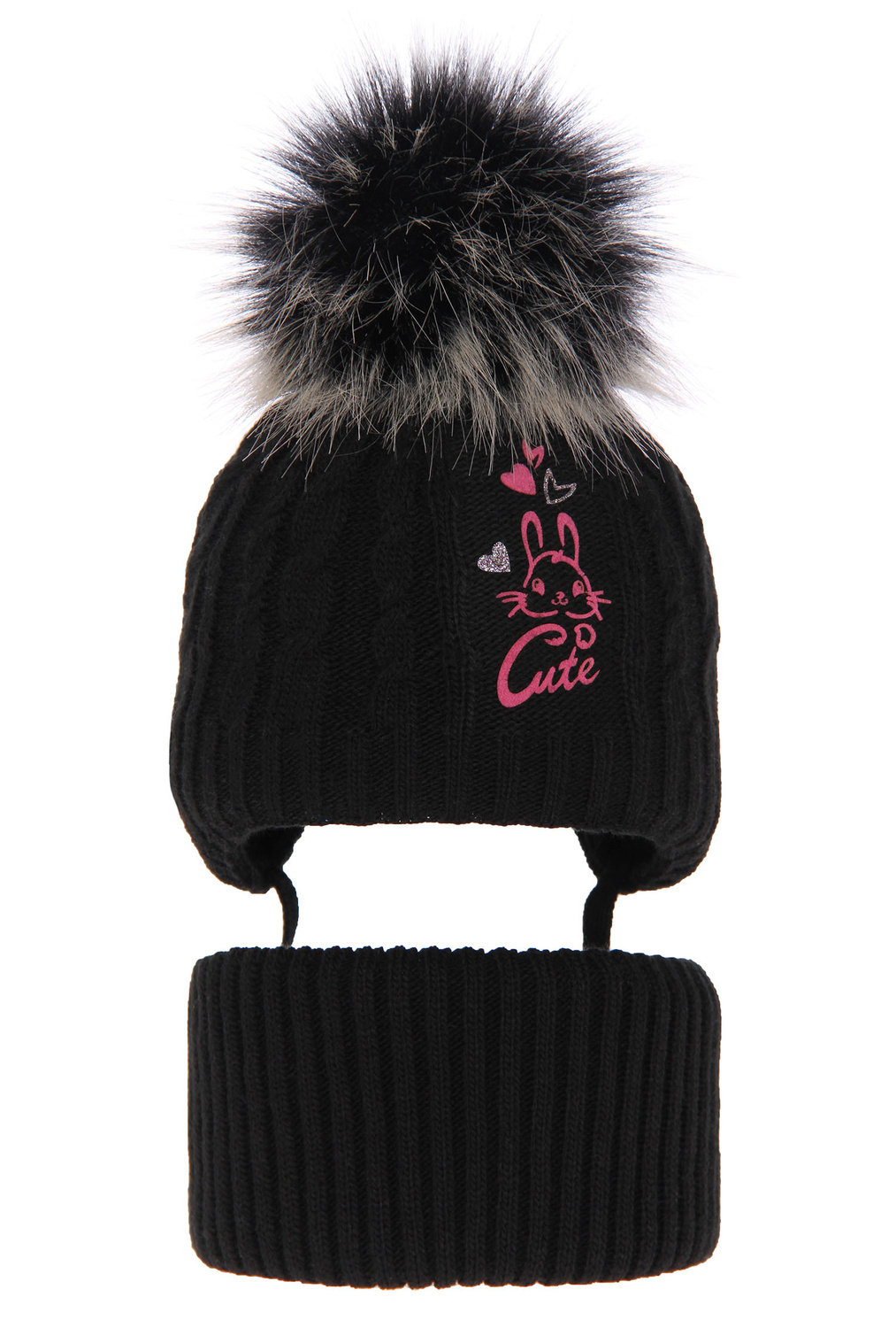 Ensemble d'hiver fille: bonnet et snood, noir, avec pompon, Treccia