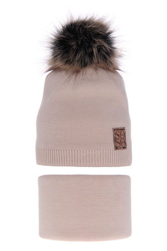 Ensemble d'hiver fille: bonnet et snood, beige, avec pompon, Apolinka