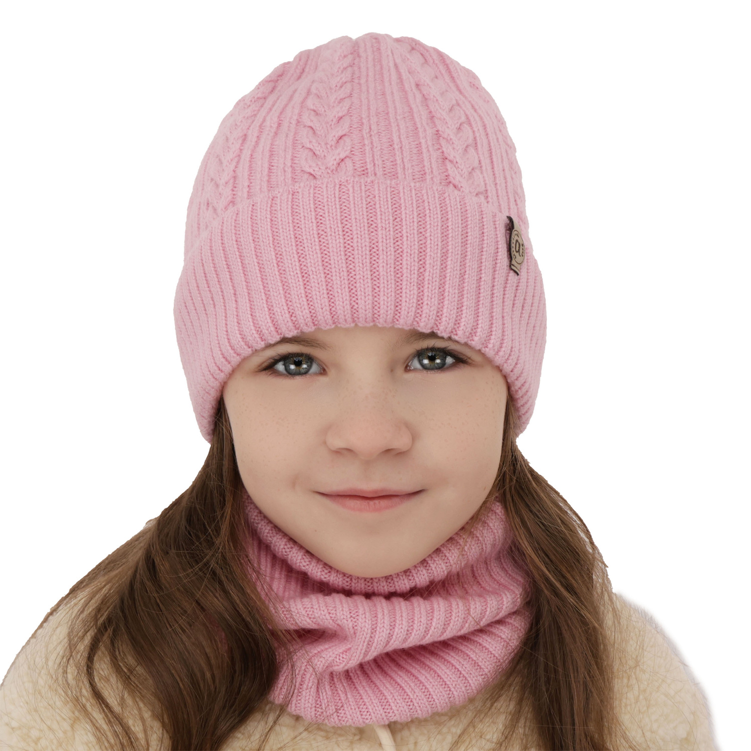 Ensemble d'hiver fille: bonnet et snood, beige, avec laine mérinos, Jenny
