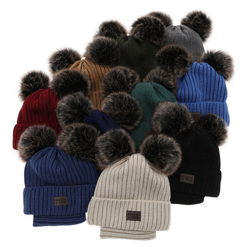 Ensemble d'hiver garçon: bonnet et snood, vert, avec deux pompons, Tokio