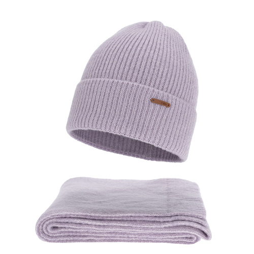 Ensemble d'hiver femme: bonnet et écharpe, violet, avec laine mérinos, Seala