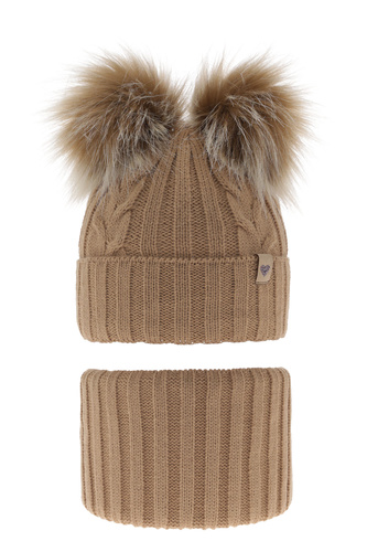 Ensemble d'hiver fille: bonnet et snood, camel, avec deux pompons, Amala