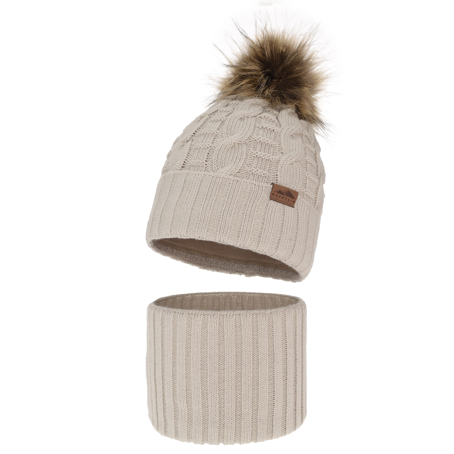 Ensemble d'hiver garçon: bonnet et snood, beige, avec pompon, Cent