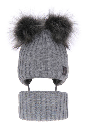 Ensemble d'hiver fille: bonnet et snood, gris, avec deux pompons, avec liens, Telisa
