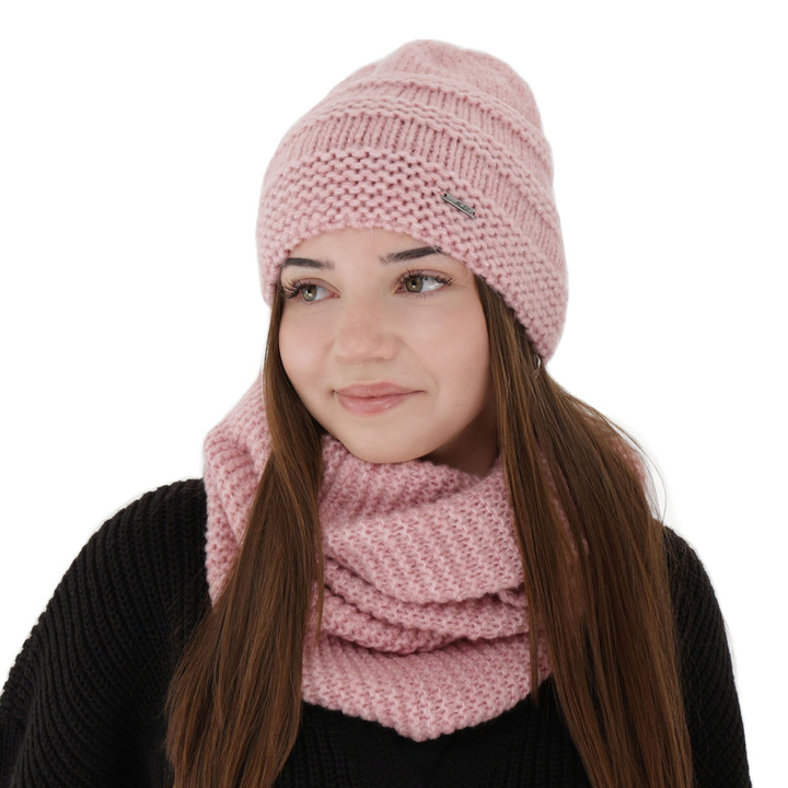 Ensemble d'hiver femme: bonnet et snood, rose, avec laine mérinos, Driva