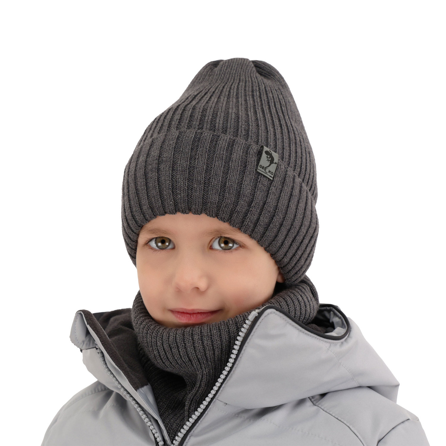Ensemble d'hiver garçon: bonnet et snood, camel, avec laine mérinos, doublé de polaire, Gecko