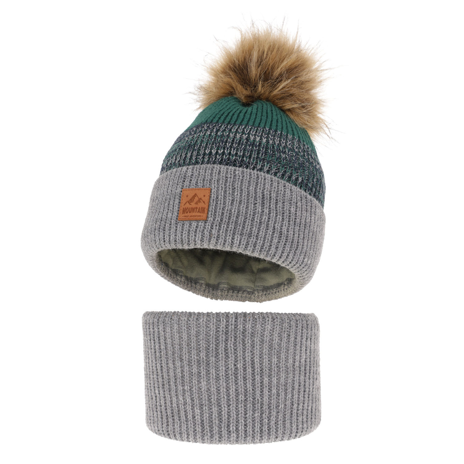 Ensemble d'hiver garçon: bonnet et snood, gris, avec pompon, Buffalo