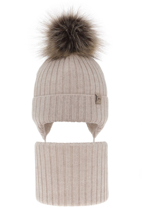 Ensemble d'hiver fille: bonnet et snood, beige, avec laine mérinos, avec liens, Junika