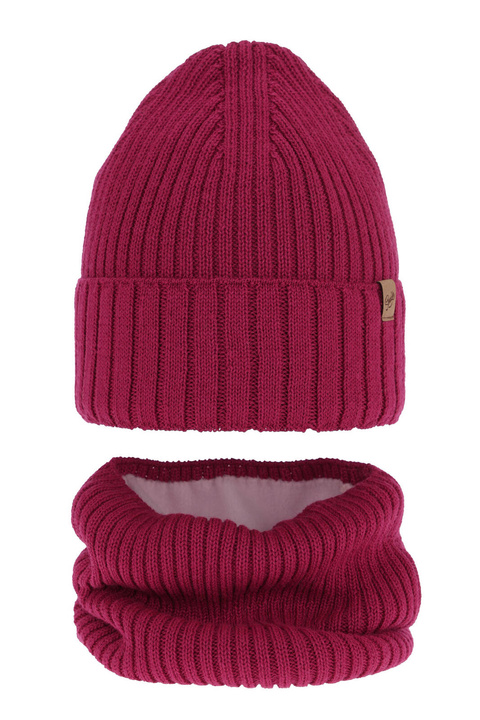 Ensemble d'hiver fille: bonnet et snood, rose, avec laine mérinos, Mesalia