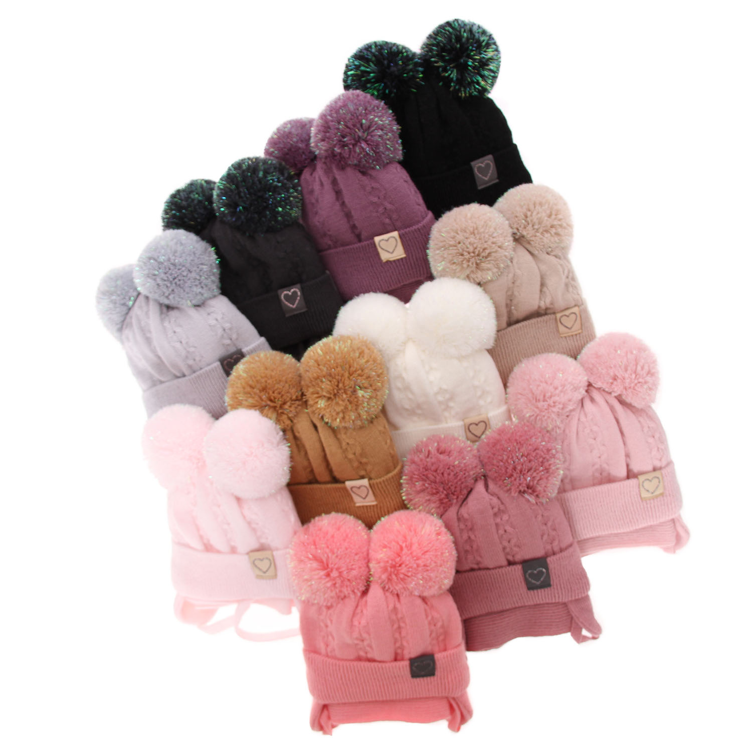 Ensemble d'hiver fille: bonnet et écharpe, noir, avec deux pompons, Rozi