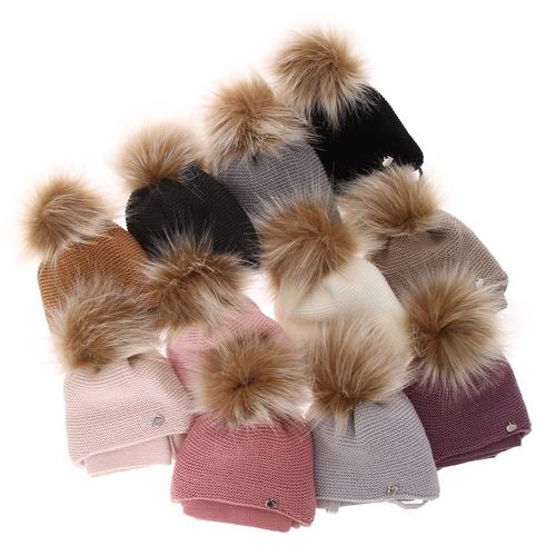 Ensemble d'hiver fille: bonnet et écharpe, rose, avec pompon, Aimi