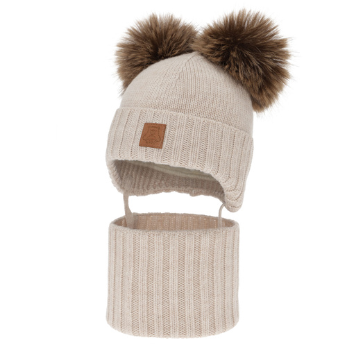 Ensemble bonnet et tour de cou garçon, hiver, beige clair, 100% laine mérinos, doublé polaire laine, Ronik