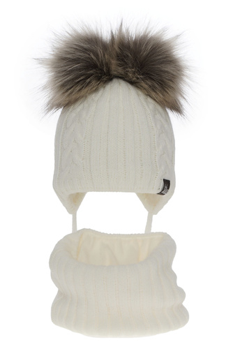 Ensemble d'hiver fille: bonnet et snood, crème, avec deux pompons, avec liens, Marlen