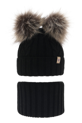 Ensemble d'hiver fille: bonnet et snood, noir, avec deux pompons, Amala