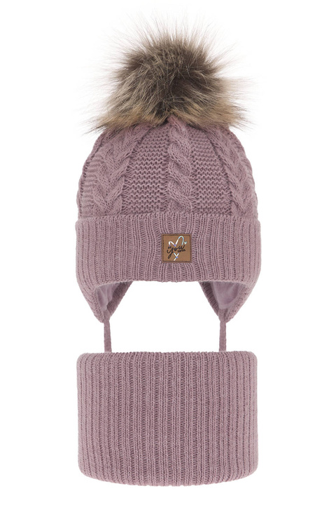 Ensemble d'hiver fille: bonnet et snood, violet, avec liens, avec pompon, Finess
