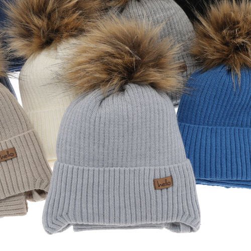 Ensemble d'hiver garçon: bonnet et snood, gris, avec pompon, avec liens, Bergo