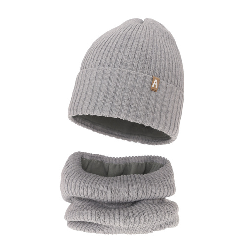 Ensemble d'hiver fille: bonnet et snood, gris, avec laine mérinos, doublé de polaire, Peggy