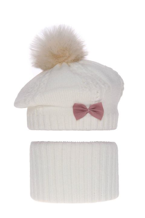 Ensemble d'hiver fille: beret et snood, crème, avec pompon, Amora