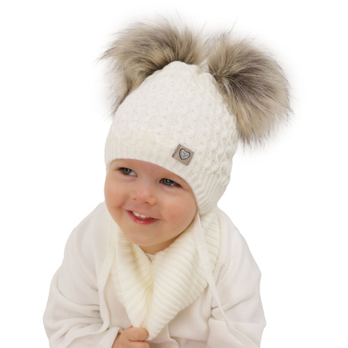 Ensemble d'hiver fille: bonnet et snood, blanc, avec deux pompons, avec liens, Poliana