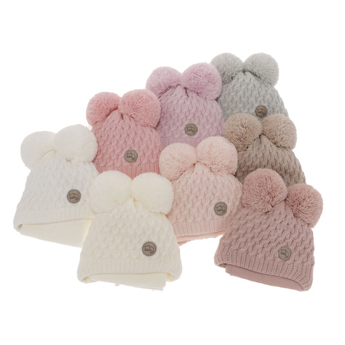 Ensemble d'hiver fille: bonnet et écharpe, crème, avec deux pompons, avec liens, Anava