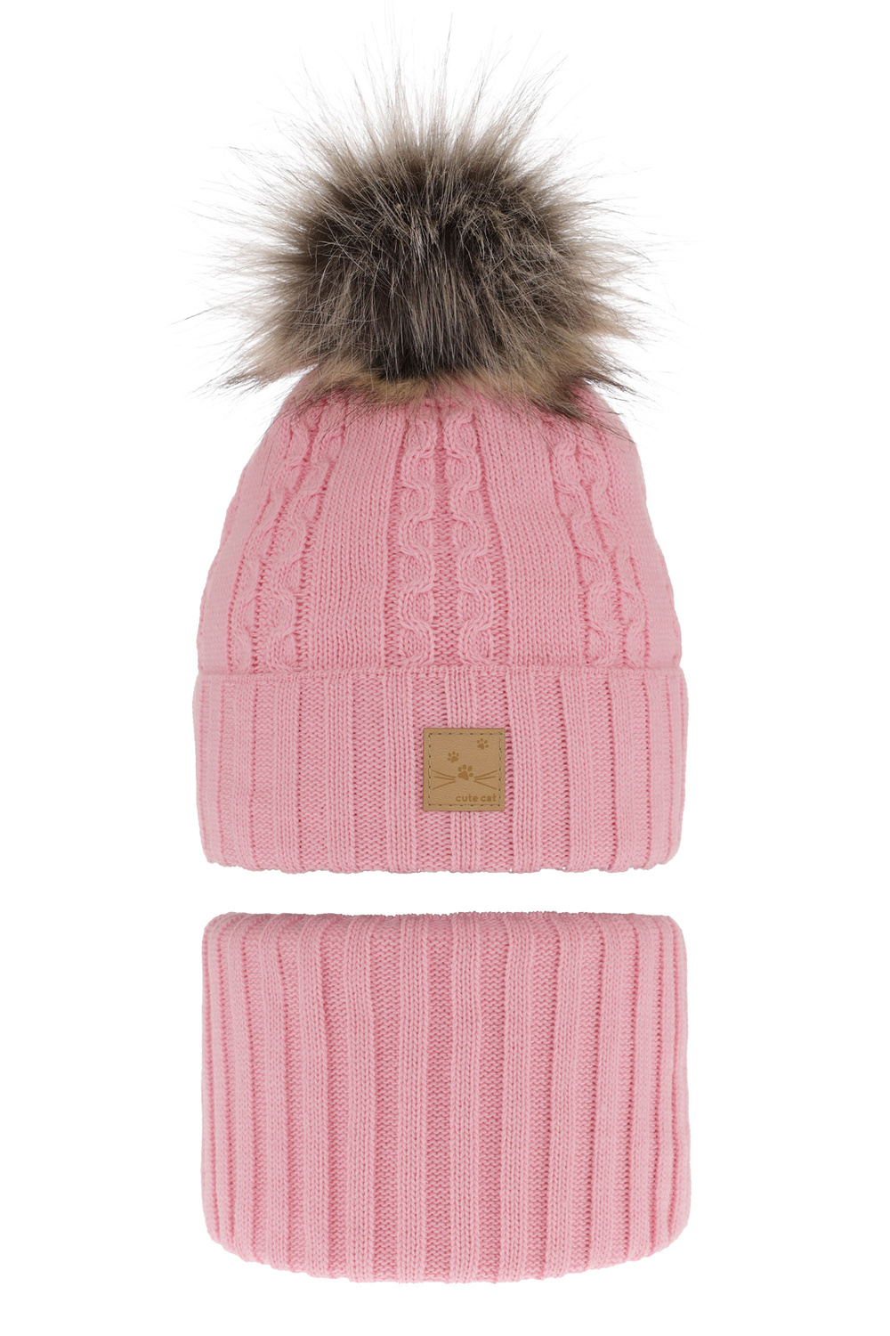 Ensemble d'hiver fille: bonnet et snood, rose, avec pompon, Alexia