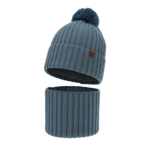 Ensemble d'hiver garçon: bonnet et snood, bleu, 100% laine mérinos, doublé de coton, Tolmar