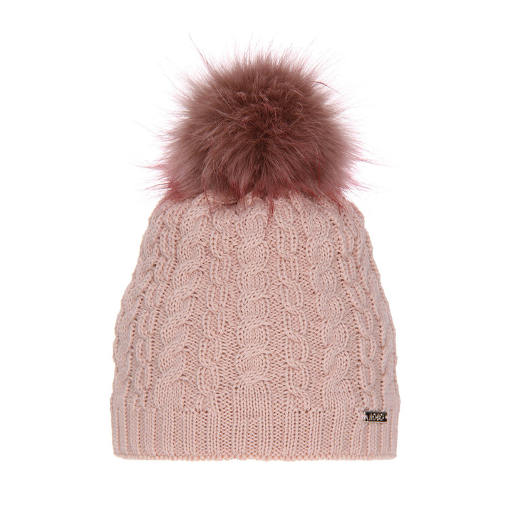 Bonnet d'hiver femme, rose, avec laine mérinos, avec pompon, Satina