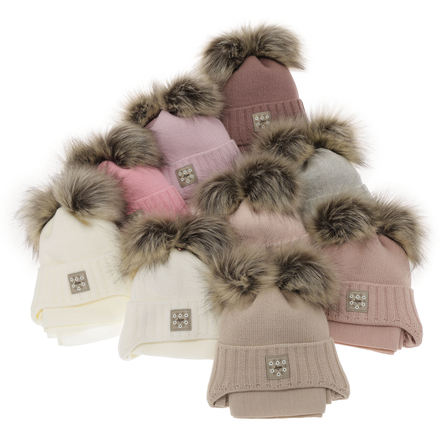 Ensemble d'hiver fille: bonnet et écharpe, blanc, avec deux pompons, avec liens, Jazz