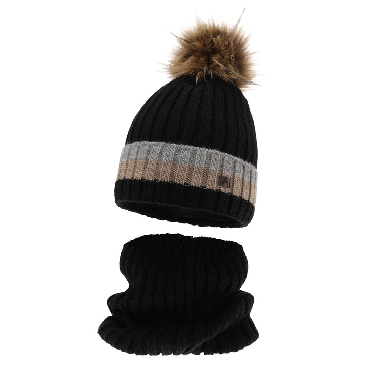 Ensemble d'hiver garçon: bonnet et snood, noir, avec pompon, doublé de polaire, Beno