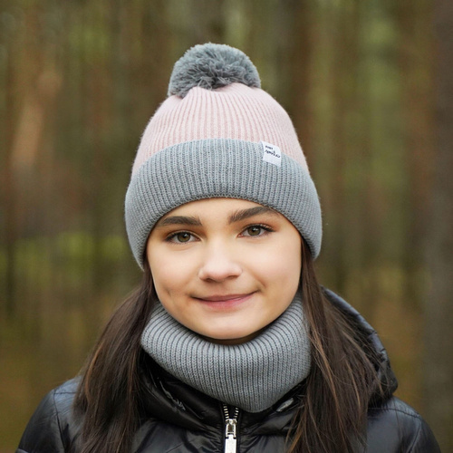 Ensemble d'hiver fille: bonnet et snood, rose, avec pompon, Rosalin