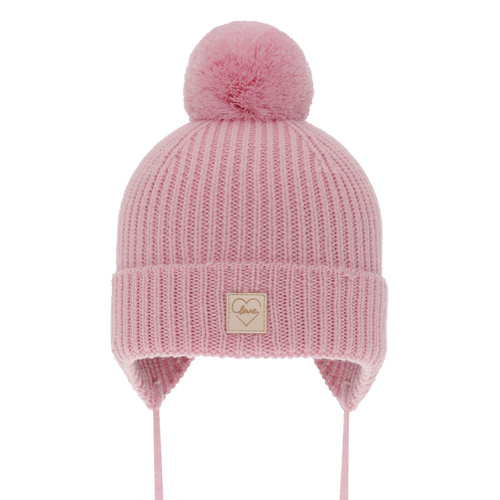 Bonnet d'hiver fille, rose, avec pompon, avec laine mérinos, doublé de coton, avec liens, Havana