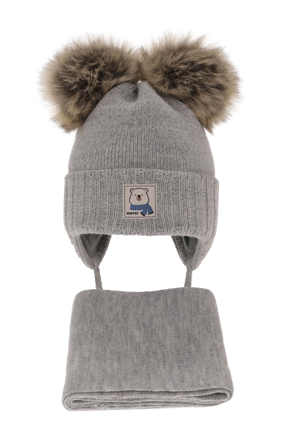 Ensemble d'hiver garçon: bonnet et écharpe, gris, avec deux pompons, avec liens, Jewel