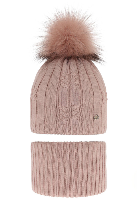 Ensemble d'hiver fille: bonnet et snood, rose, avec pompon, Amaltea