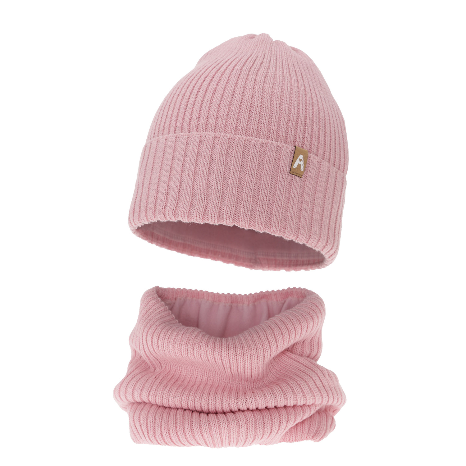 Ensemble d'hiver fille: bonnet et snood, rose clair, avec laine mérinos, doublé de polaire, Peggy