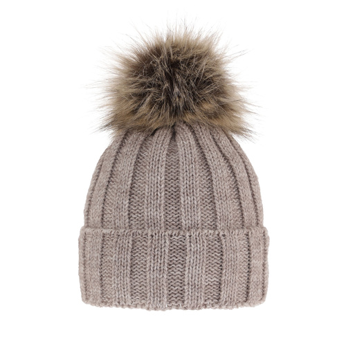 Bonnet d'hiver femme, beige, avec pompon, Mokka