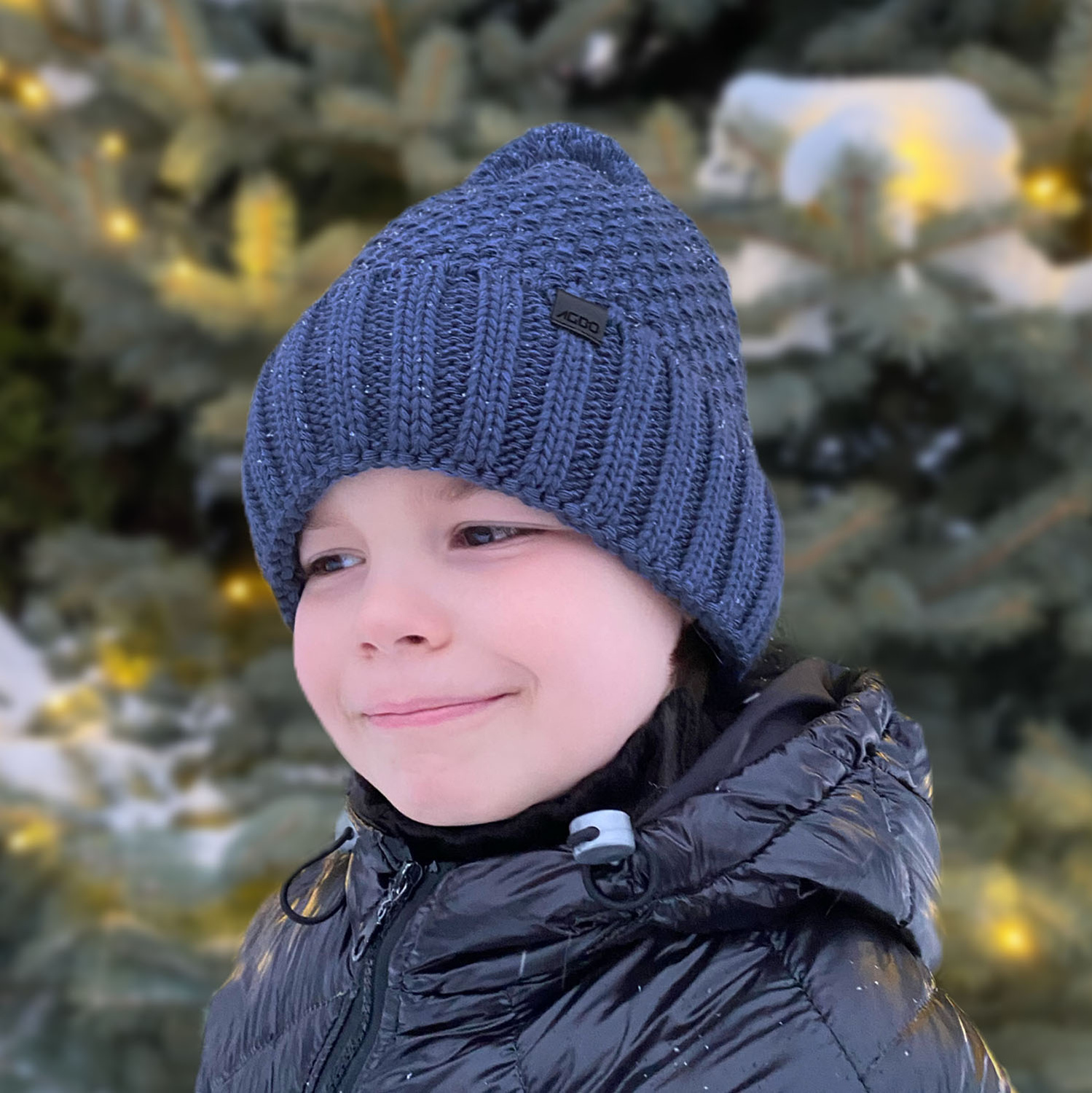 Bonnet d'hiver garçon, bleu marine, avec pompon, Polins