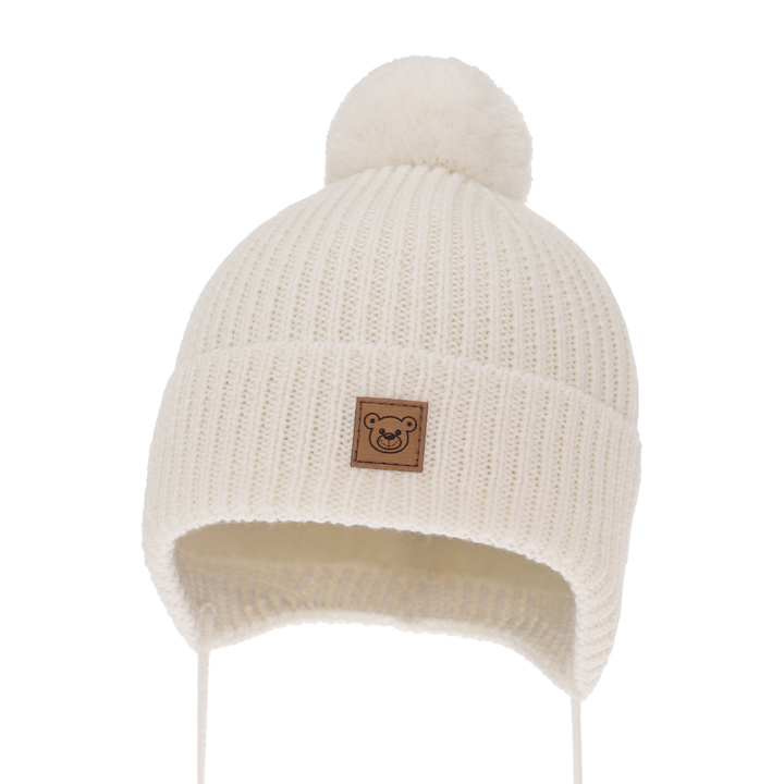 Bonnet d'hiver garçon, blanc, avec liens, avec laine mérinos, doublé de polaire, Tofik