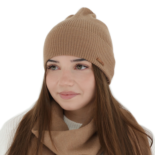 Bonnet automne/printemps femme, camel, 100% Laine Mérinos, Flerra