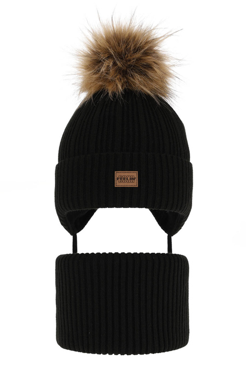 Ensemble d'hiver garçon: bonnet et snood, noir, avec pompon, Eger