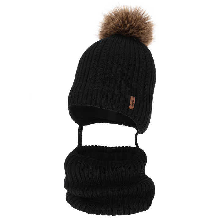 Ensemble d'hiver garçon: bonnet et snood, noir, avec laine mérinos, avec liens, Zongo