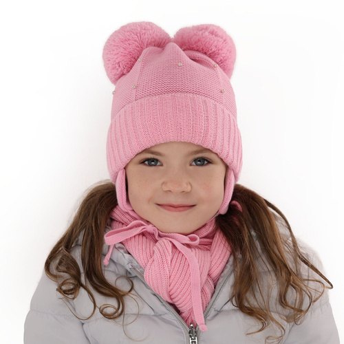 Ensemble d'hiver fille: bonnet et écharpe, blanc, avec deux pompons, wiązany Fibien